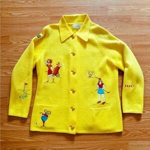 Andrene Argenti yellow knit vintage cardigan novelty golf ladies embroidery XL